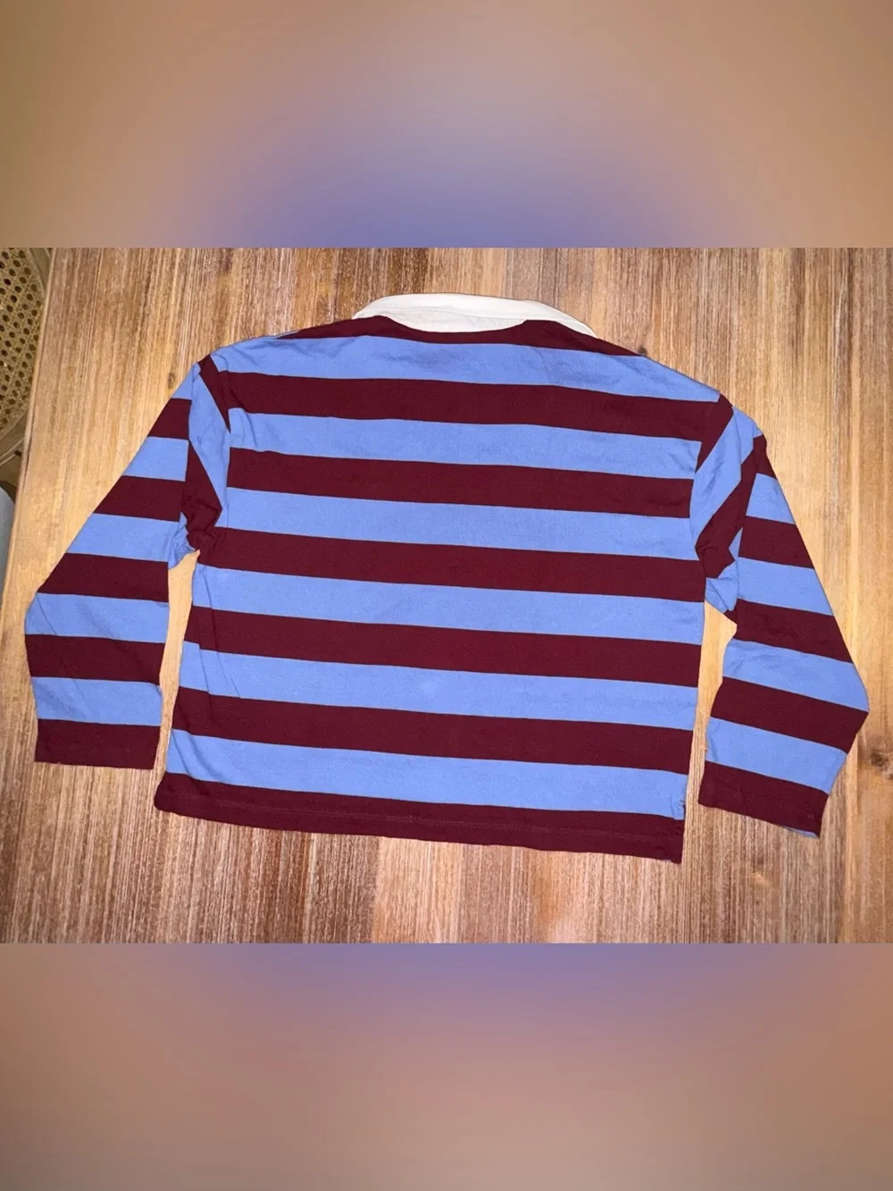 J. Crew Women’s Light Blue and Burgundy Striped Rugby Polo with White Collar